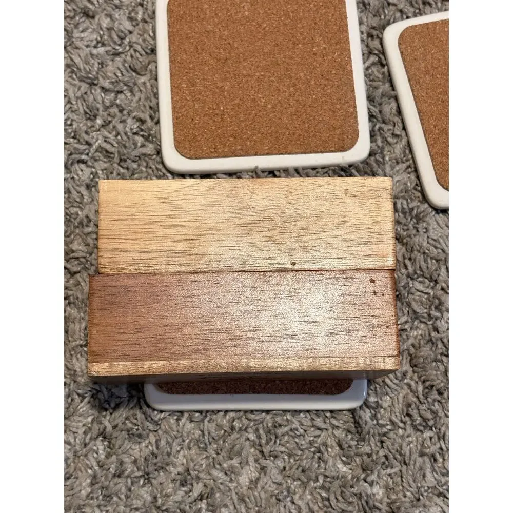Set of 7 Floral Ceramic Cork Back Coasters w/ Pioneer Woman Wooden Holder